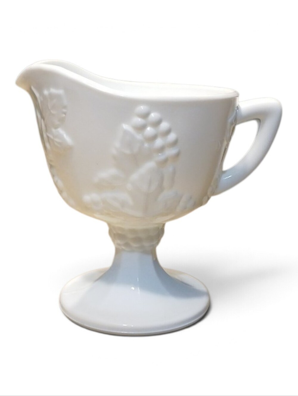 Vintage White milk glass Footed Creamer in the Harvest / Grapevine